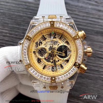 Perfect Replica Hublot Big Bang Unico Sapphire Watch Transparent Strap Yellow Dial 42mm